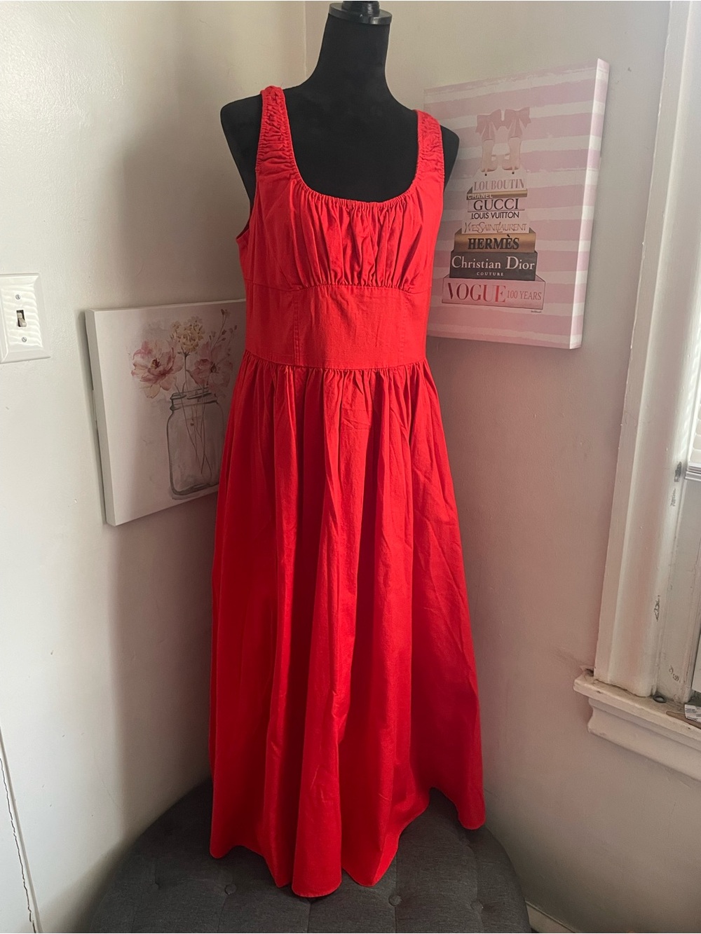 H&M Red Sleeveless Midi Ruched Linen Blend Dress